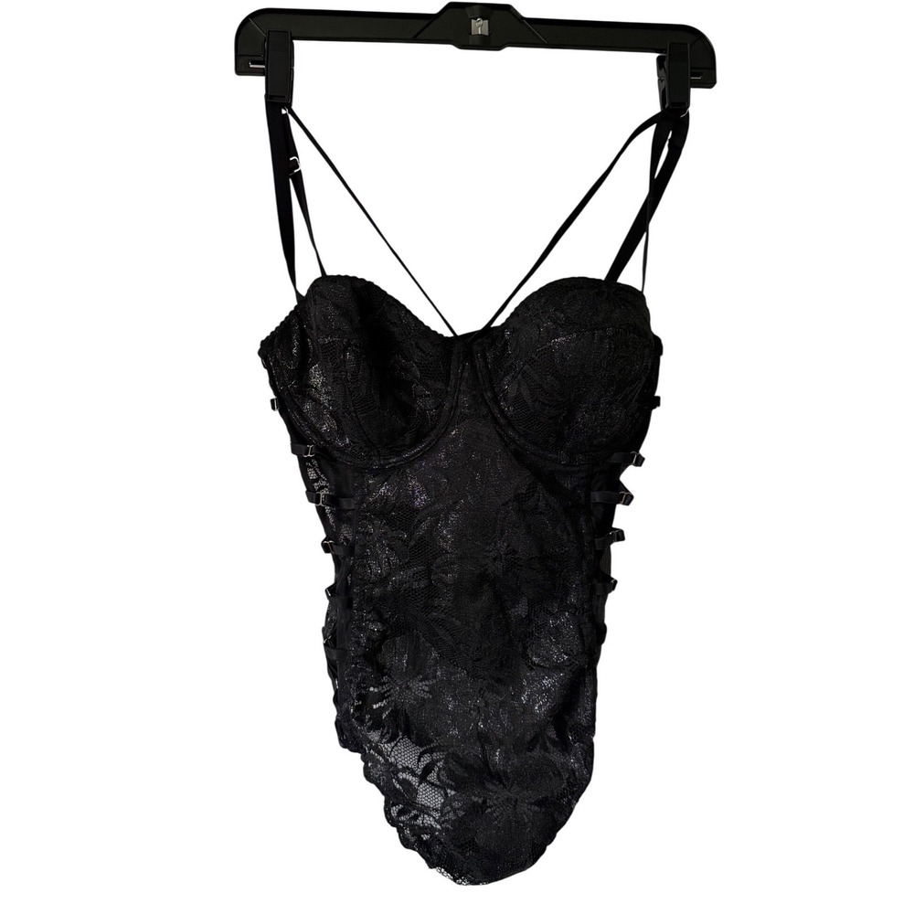 Victoria's Secret Lace Bodysuit Women 36C Black Excellent Underwire Caged Side‎